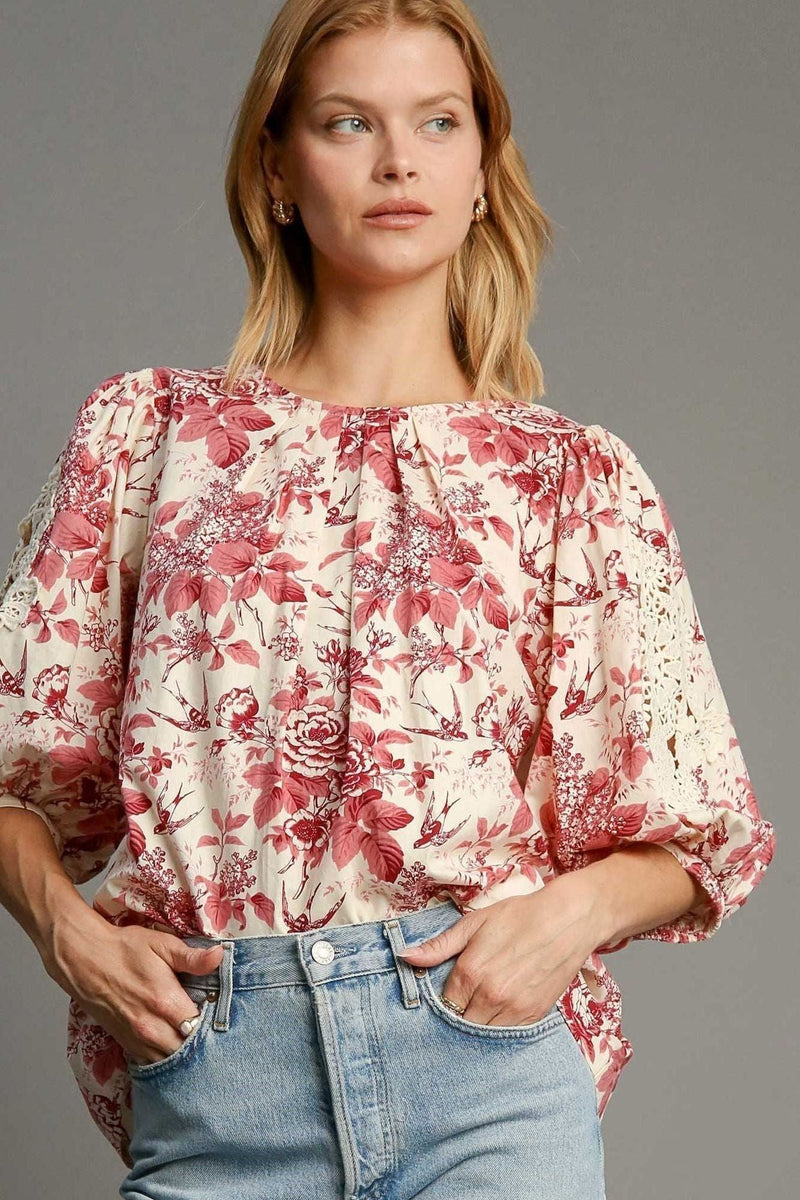 Floral Pleated Detail Lace Trim Sleeve Blouse