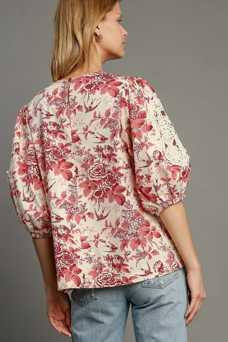 Floral Pleated Detail Lace Trim Sleeve Blouse